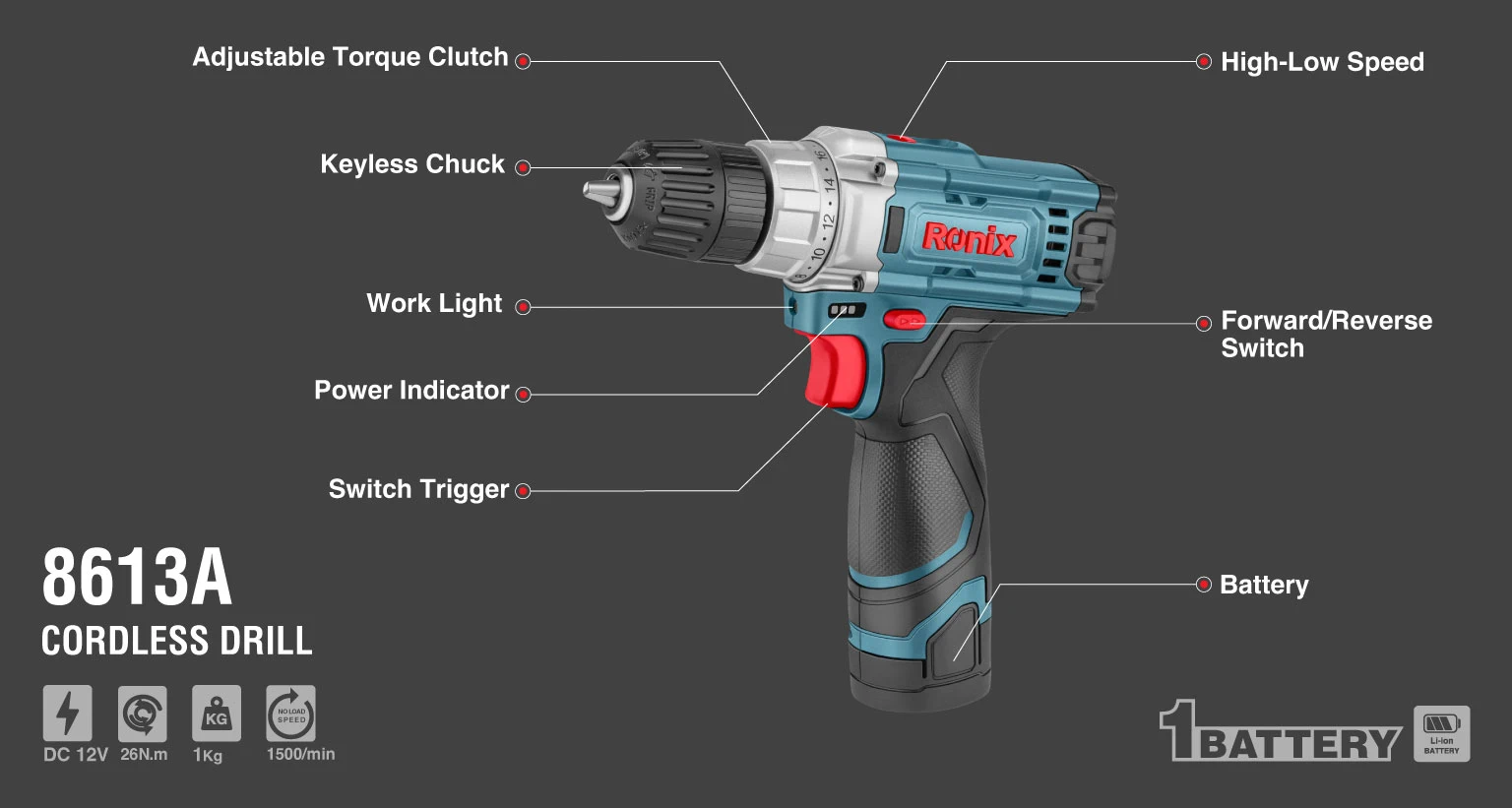 ronix-8613A-12v-cordless-drill-driver-10mm-26nm-1battery-1charger